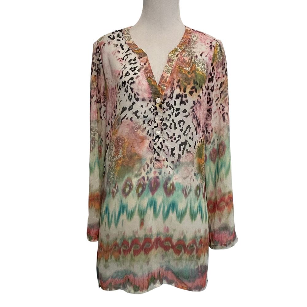 Mushka by Sienna Rose Peasant Blouse Womens Medium Sheer Mixed Print Boho Top